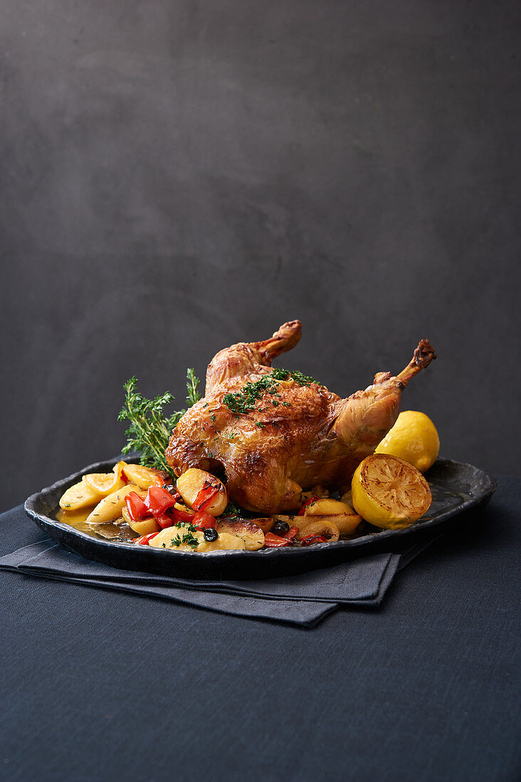 Loue chicken with lemons, oregano and olives (France)