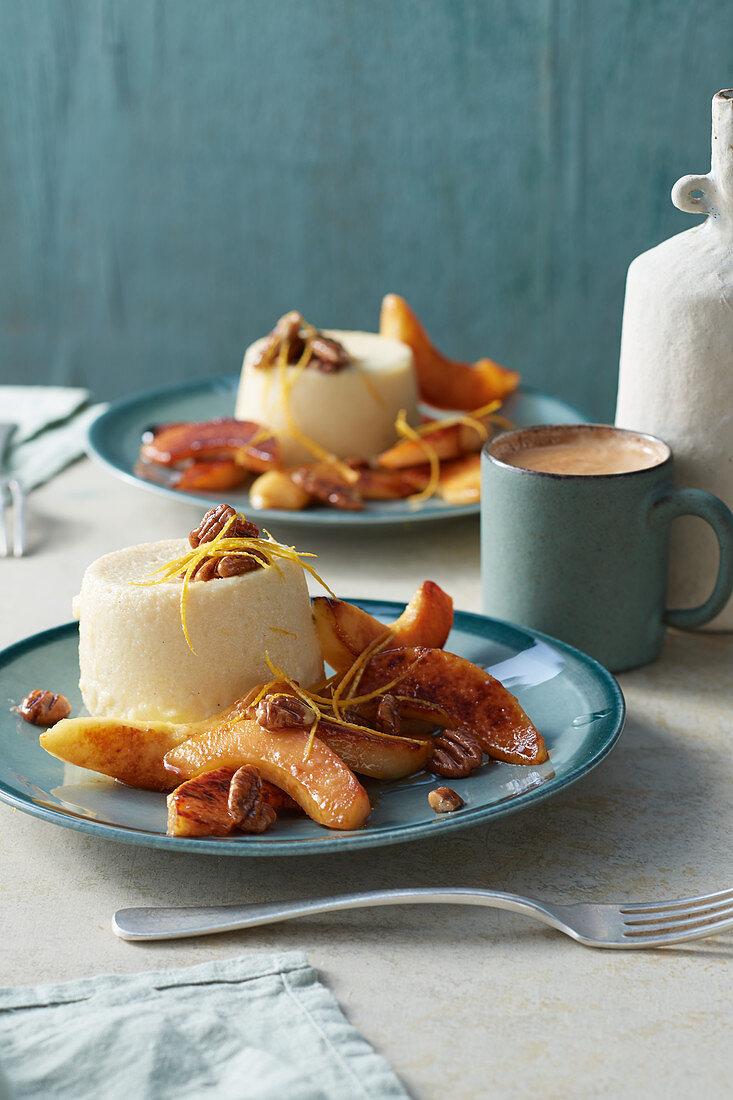 Caramelised quince with tonka bean semolina blancmange and Brazil nuts