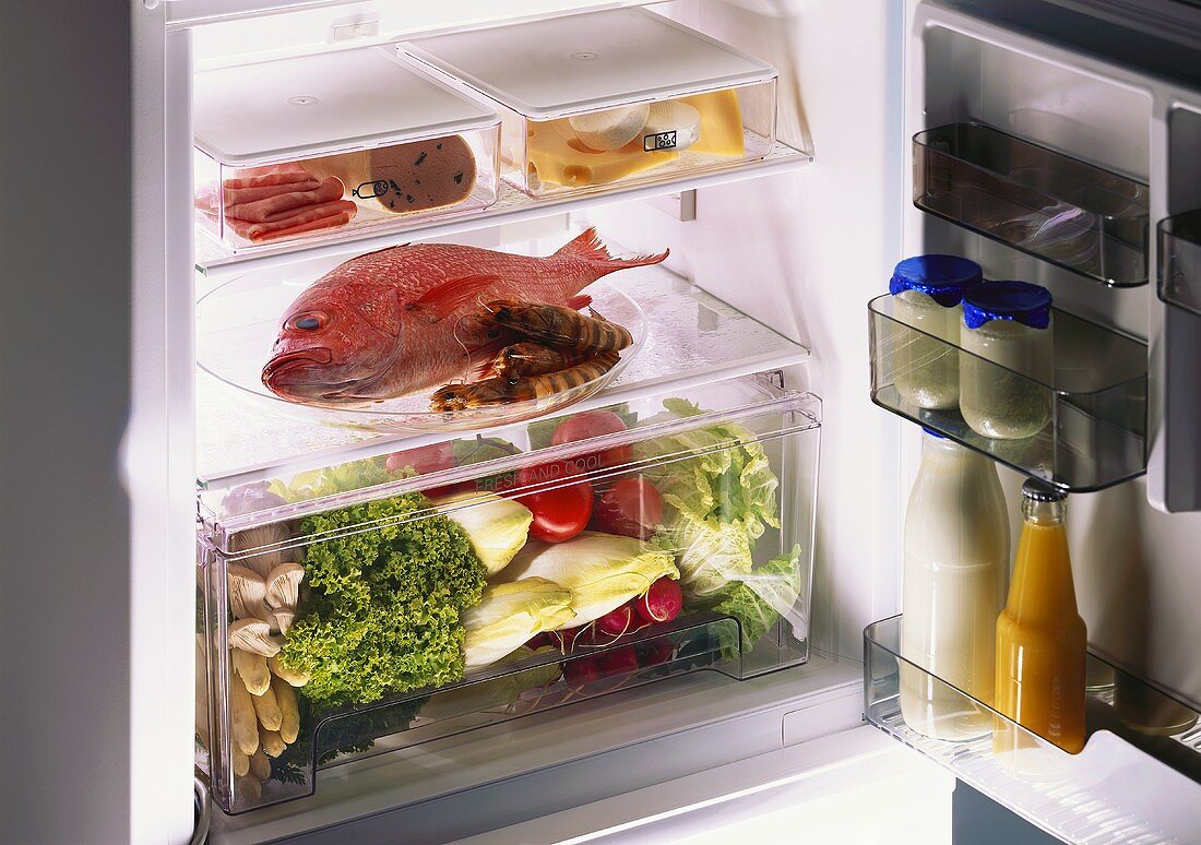 Lebensmittel (Gemüse,Fisch,Wurst,Milch,Käse) im Kühlschrank