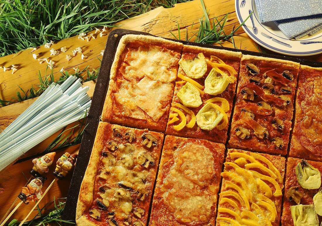 Giant pizza, cut into pieces with different toppings