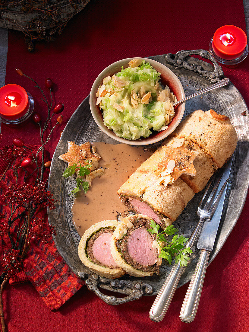 A veal fillet wrapped in brioche with savoy cabbage puree for Christmas
