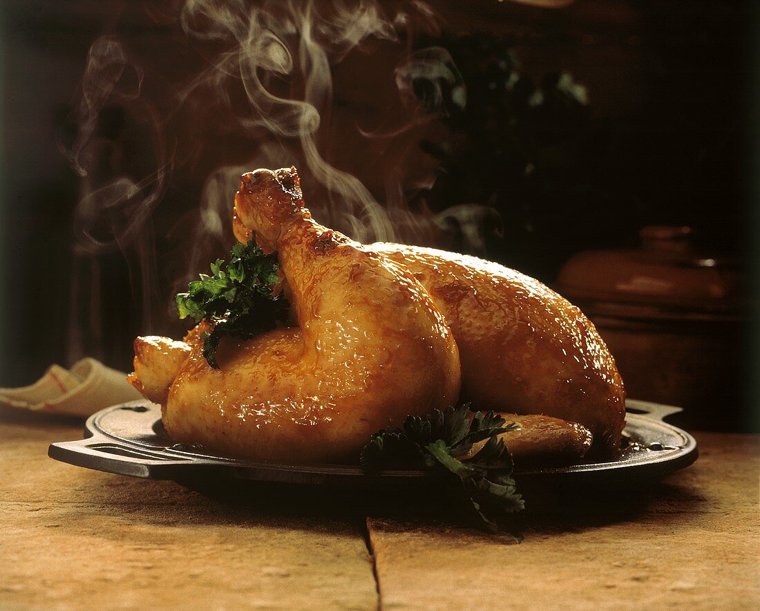 Steaming Roasted Chicken on a Platter
