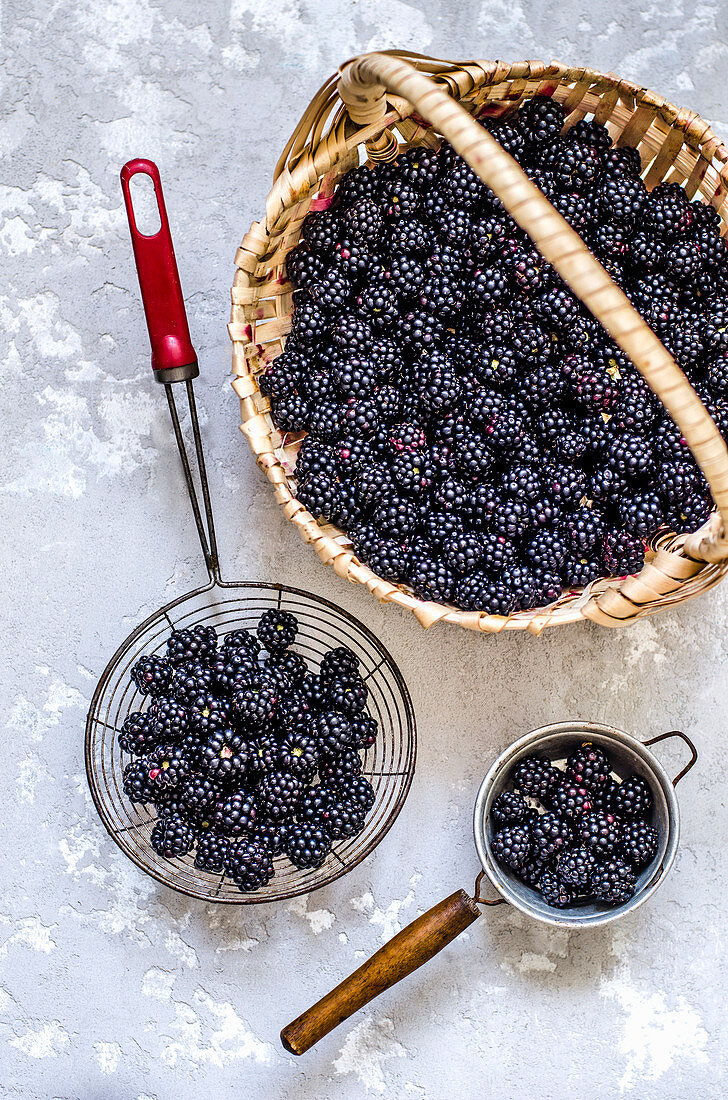 Blackberry in a basket and a sieve on a concrete background