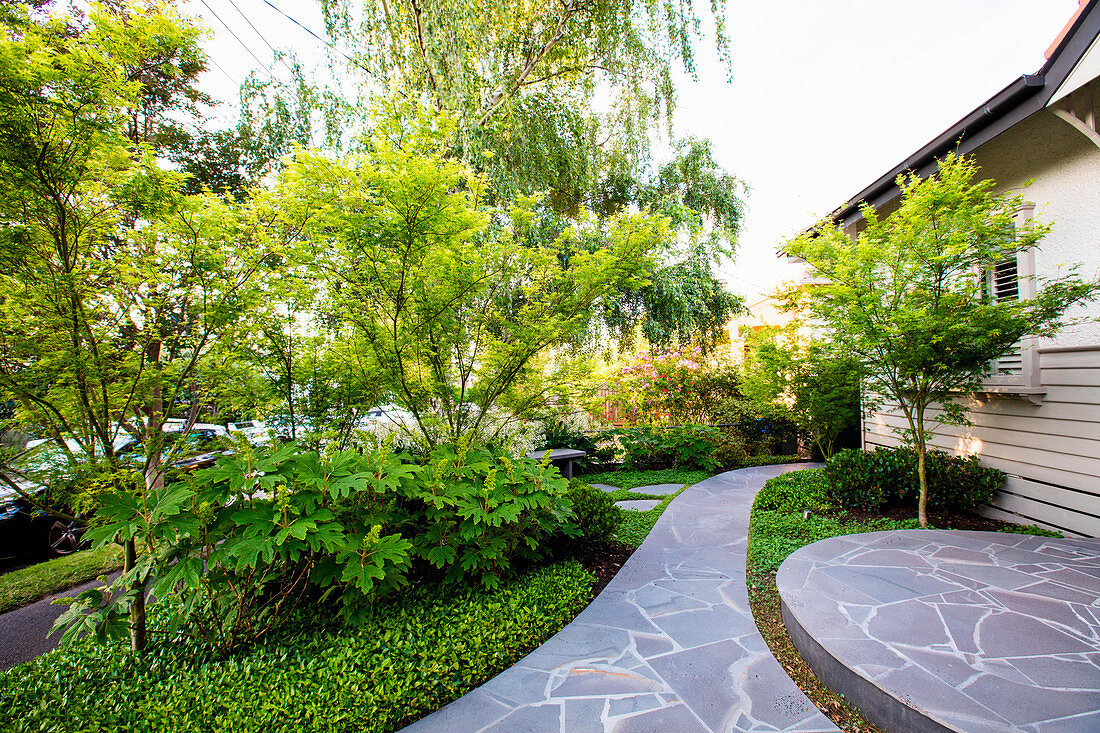 Path with gray stone slabs in the modern front yard