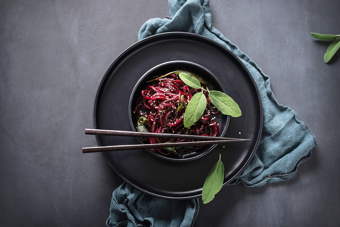 Spiralised beetroot in sage butter with sesame seeds (vegan)