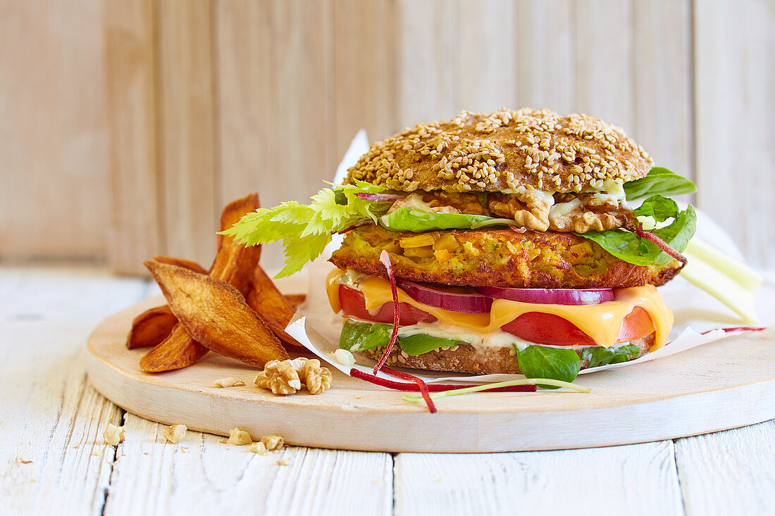 A vegetable burger with walnuts and celery