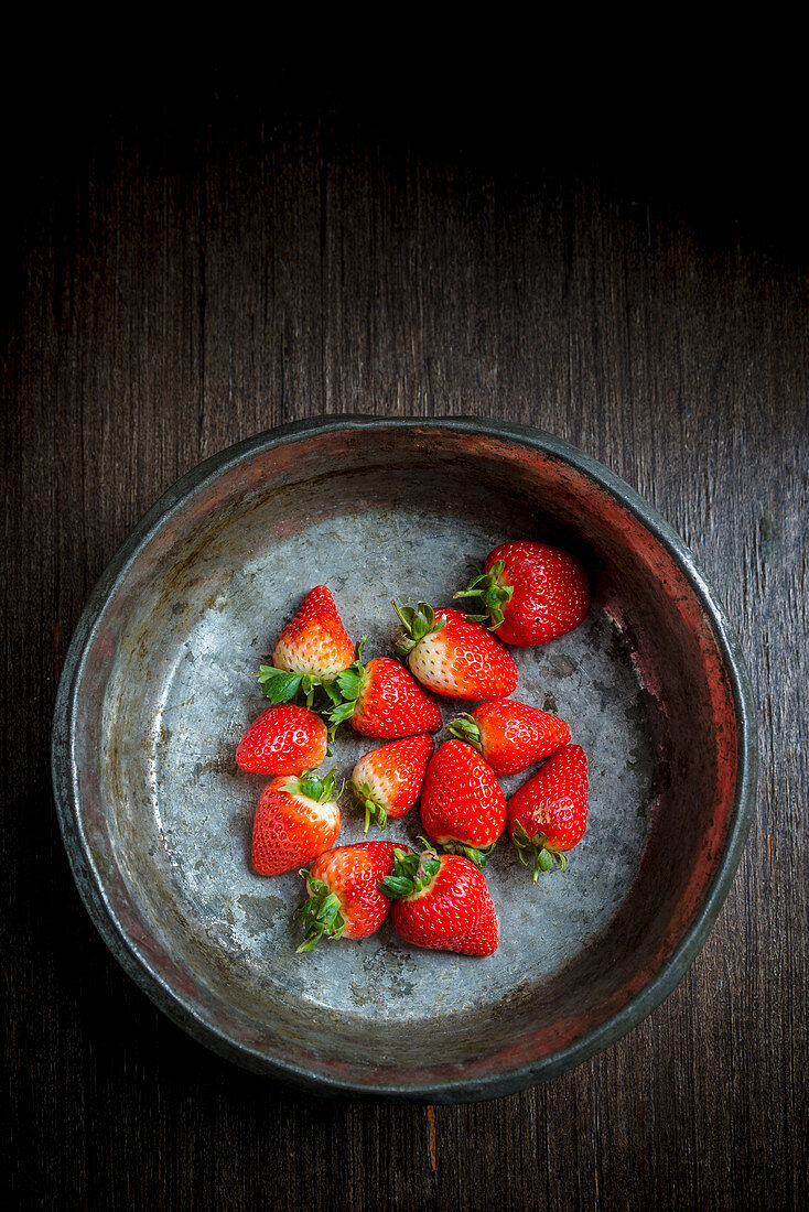 Strawberries in a Metal Bowl