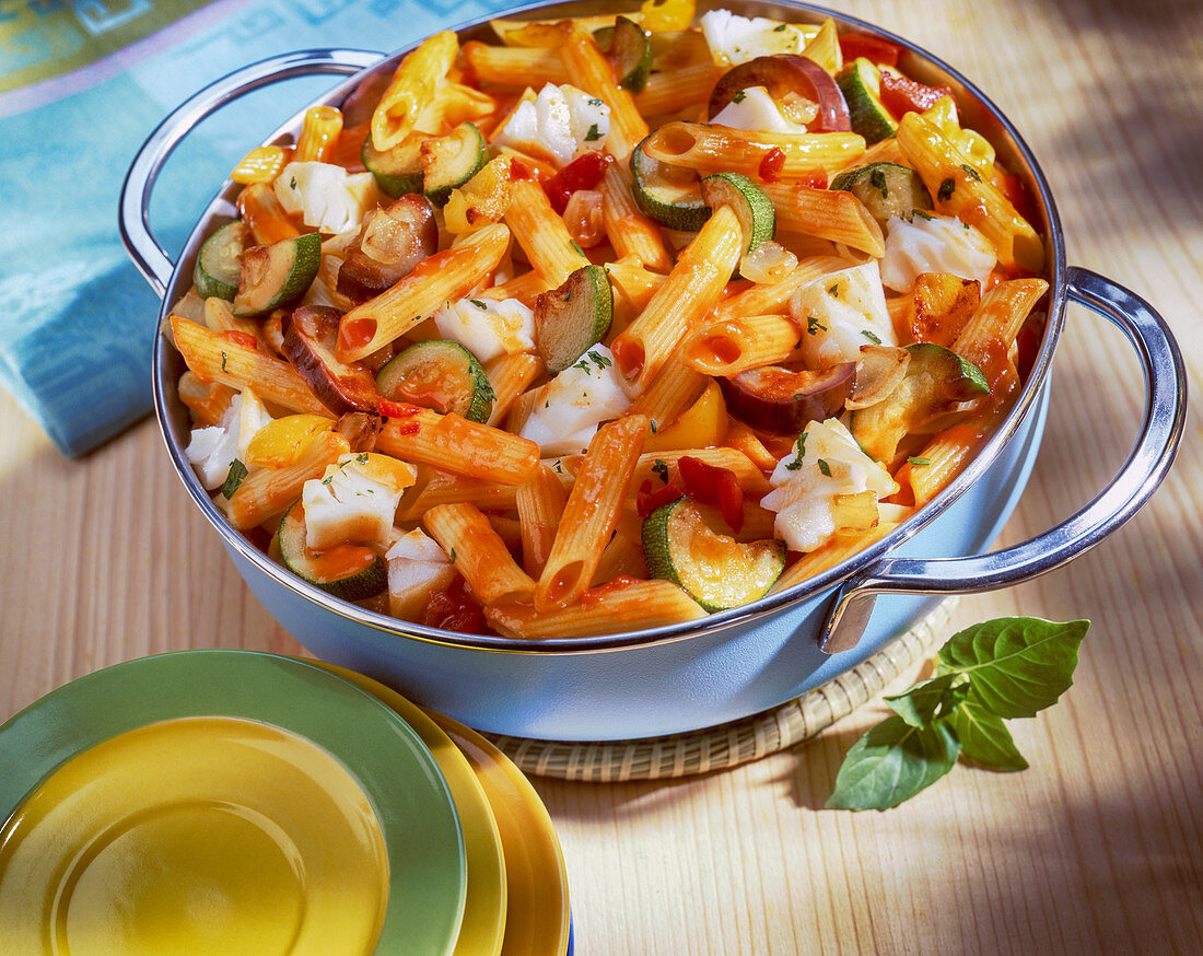 Penne with cod and vegetables