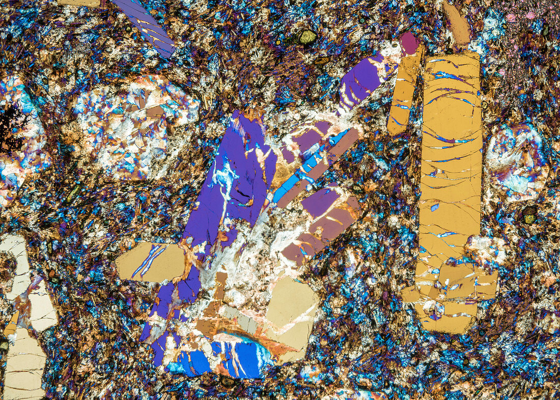 Phonolite mineral rock crystals, polarised light micrograph