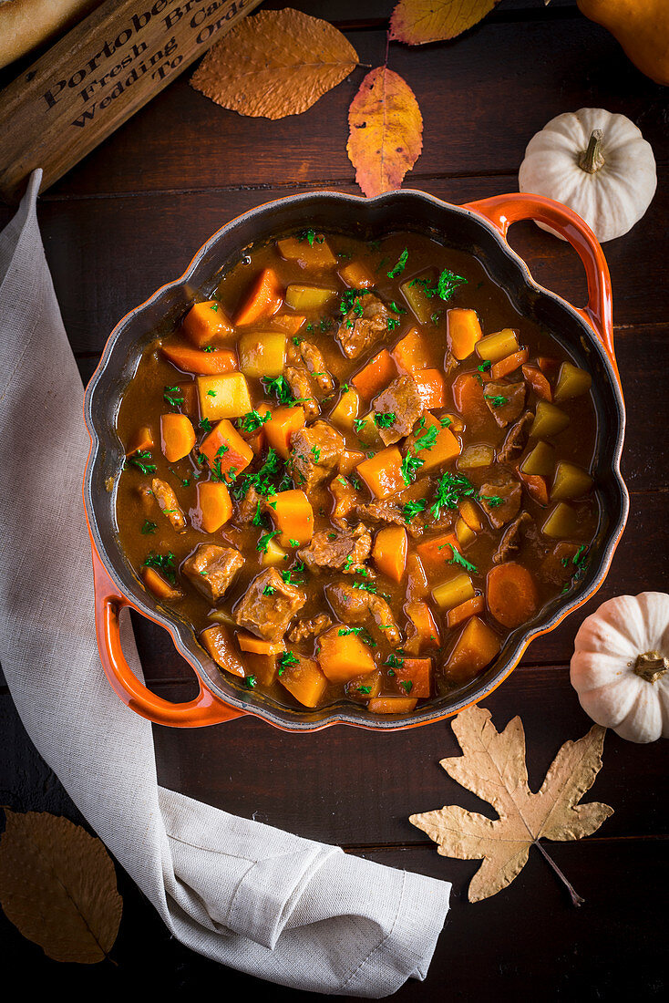 Irish stew with pumpkin and guinness in a pumpkin cocotte