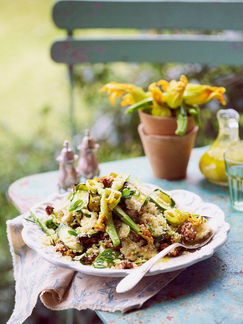 Zucchini quinoa salad with candied walnuts and haloumi