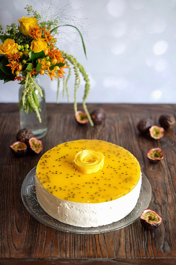 Mango and passion fruit cheesecake