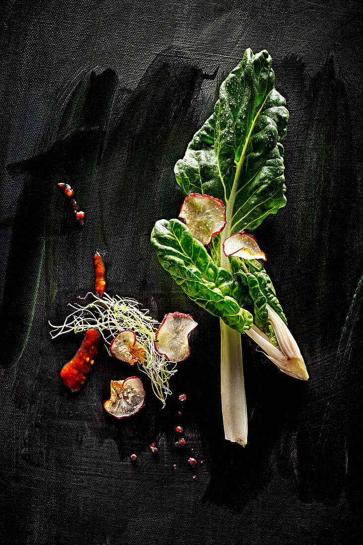 Food-Art: Mangold mit rotem Sellerie, rosa Pfeffer, Sprossen und Chilisauce auf schwarzem Untergrund