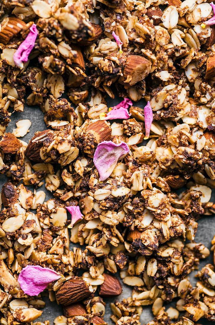 Almond, date, and cardamom granola with rosewater, unbaked