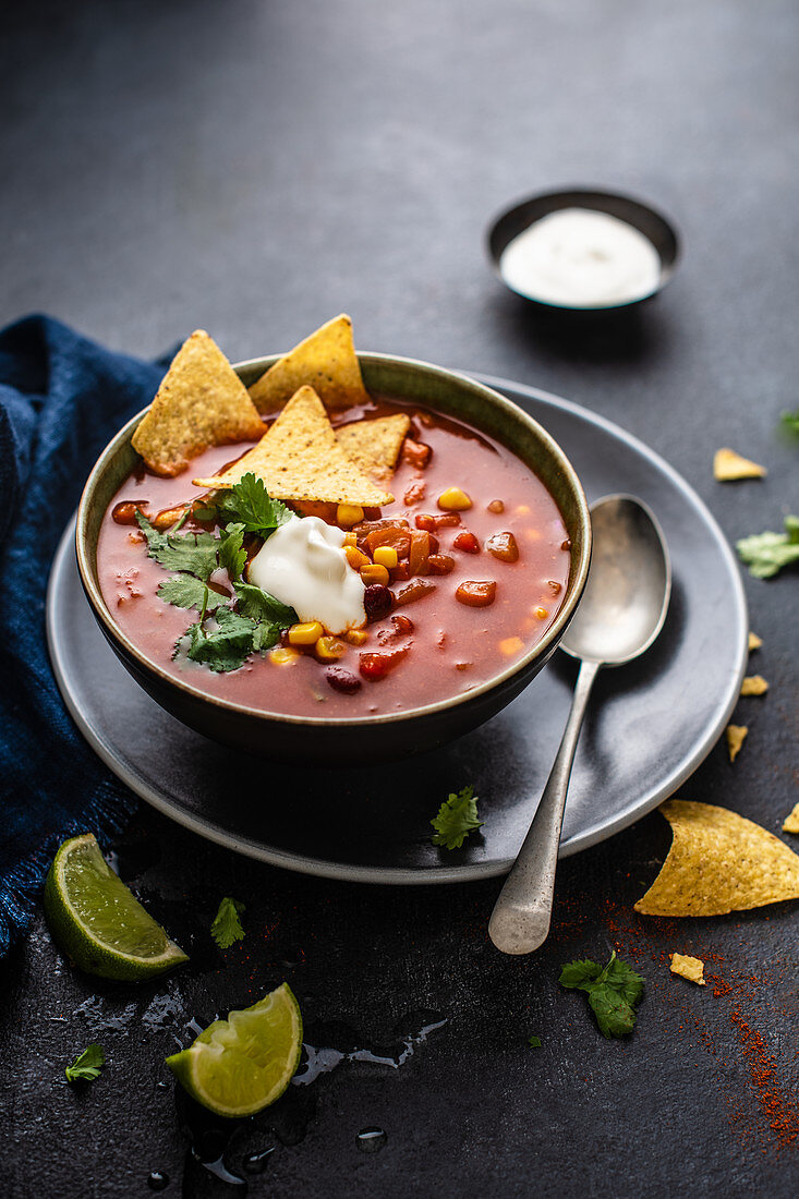 Spicy mexican bean soup with corander, tortillas and sour cream