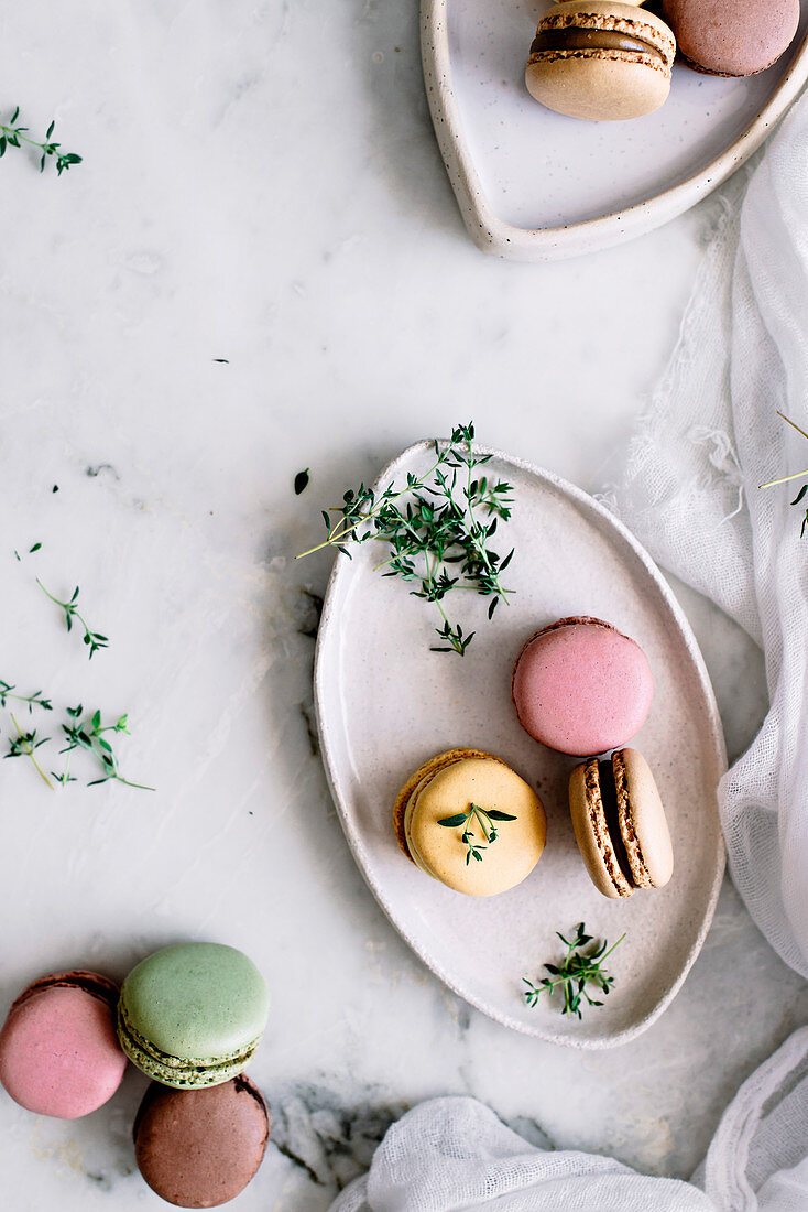 Colorful Macarons on a marble background