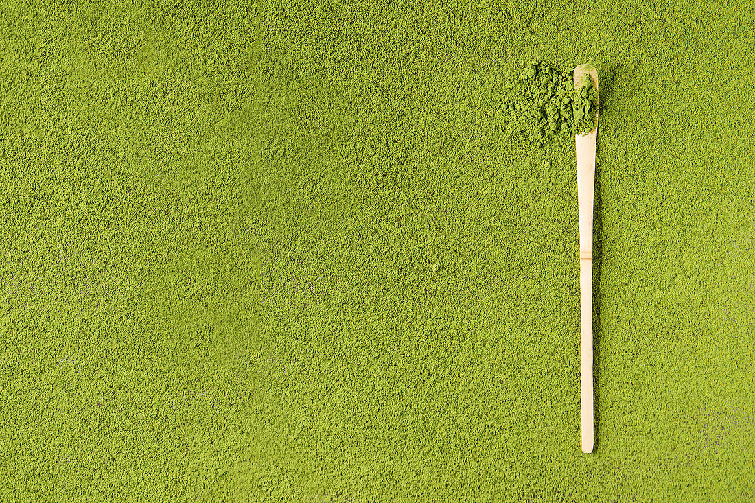 Green tea matcha powder in traditional bamboo spoon over powdering matcha as background