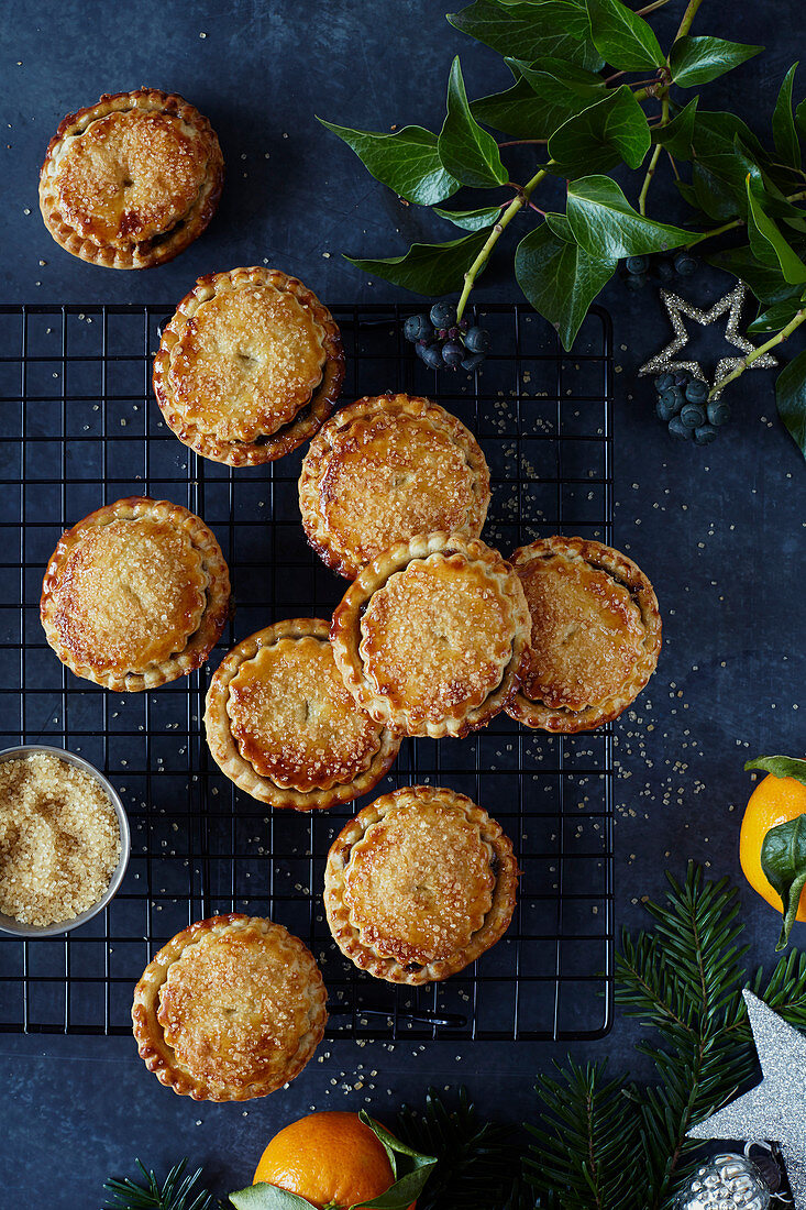 Mince Pies on cooling rack with festive styling