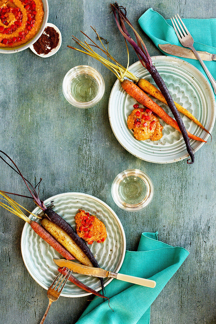 Sumac Roasted Carrots with Roasted Red Pepper Harissa Pesto