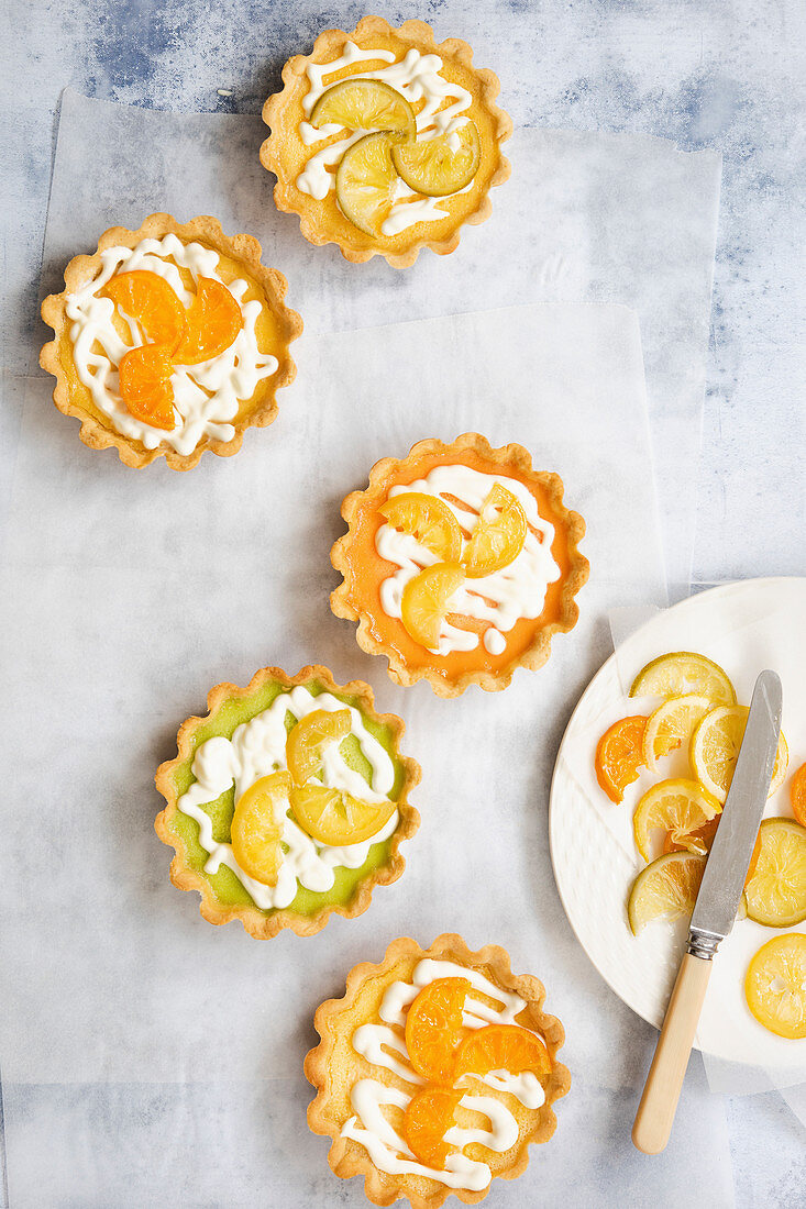 Zitronen-, Limetten- und Orangentortelettes verziert mit kandierten Fruchtscheiben