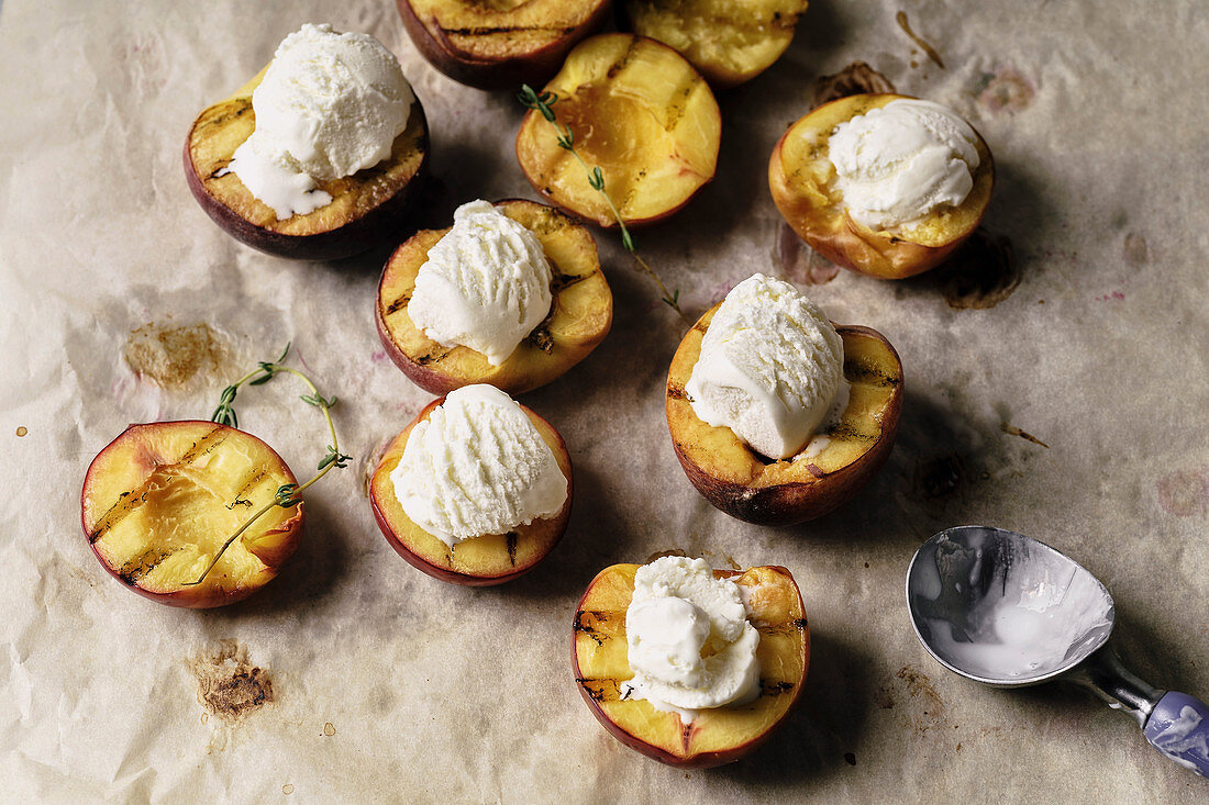 Grilled peaches and nectarines served with vanilla ice cream