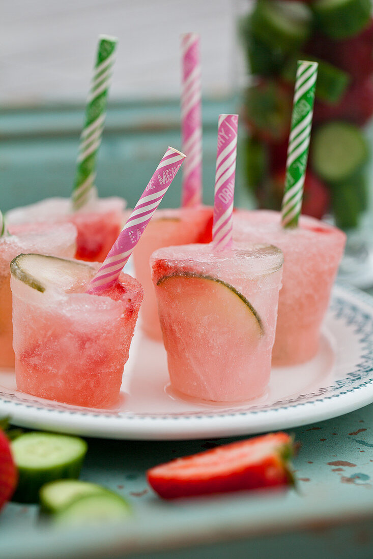 Gin and tonic popsicles with strawberries and cucumbers on a mint coloured tray