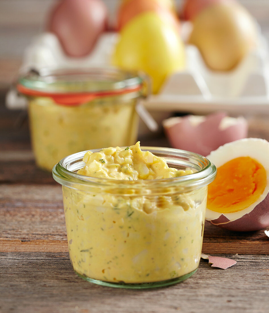 Egg spread in glass jars for Easter