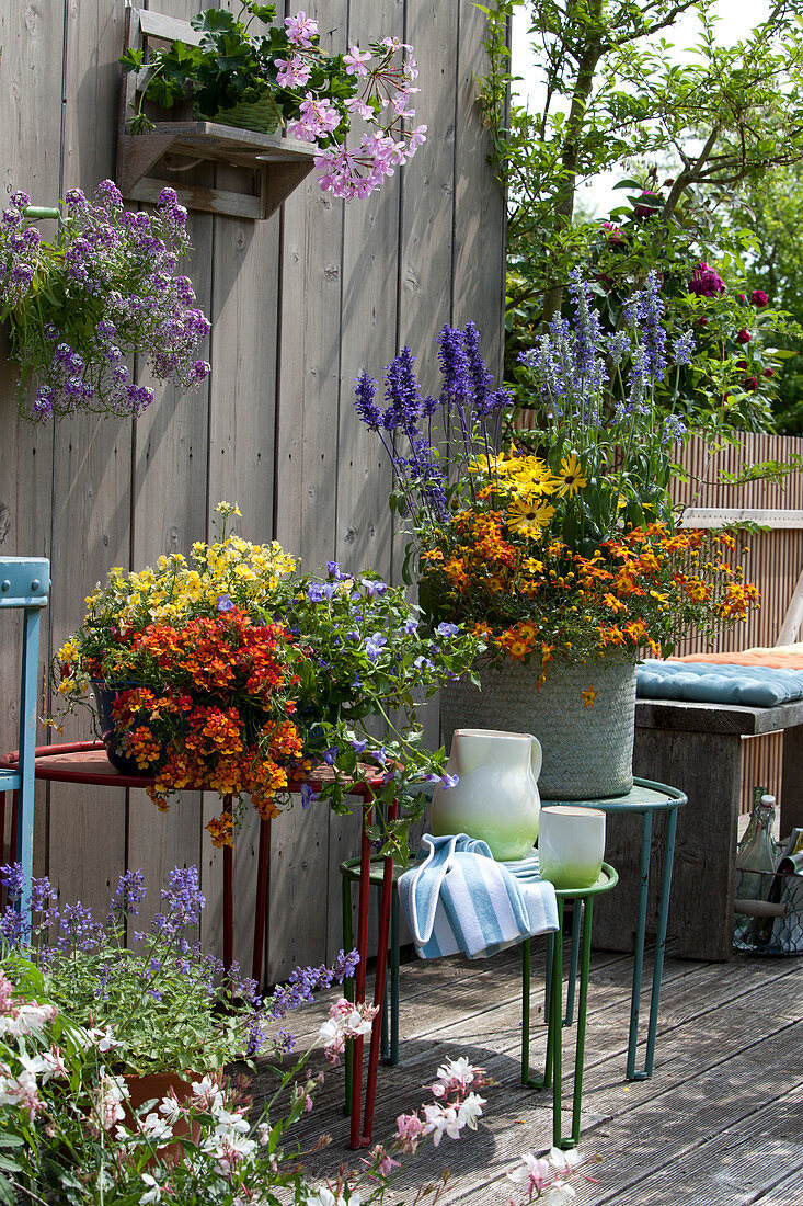 Colourfully planted summer terrace