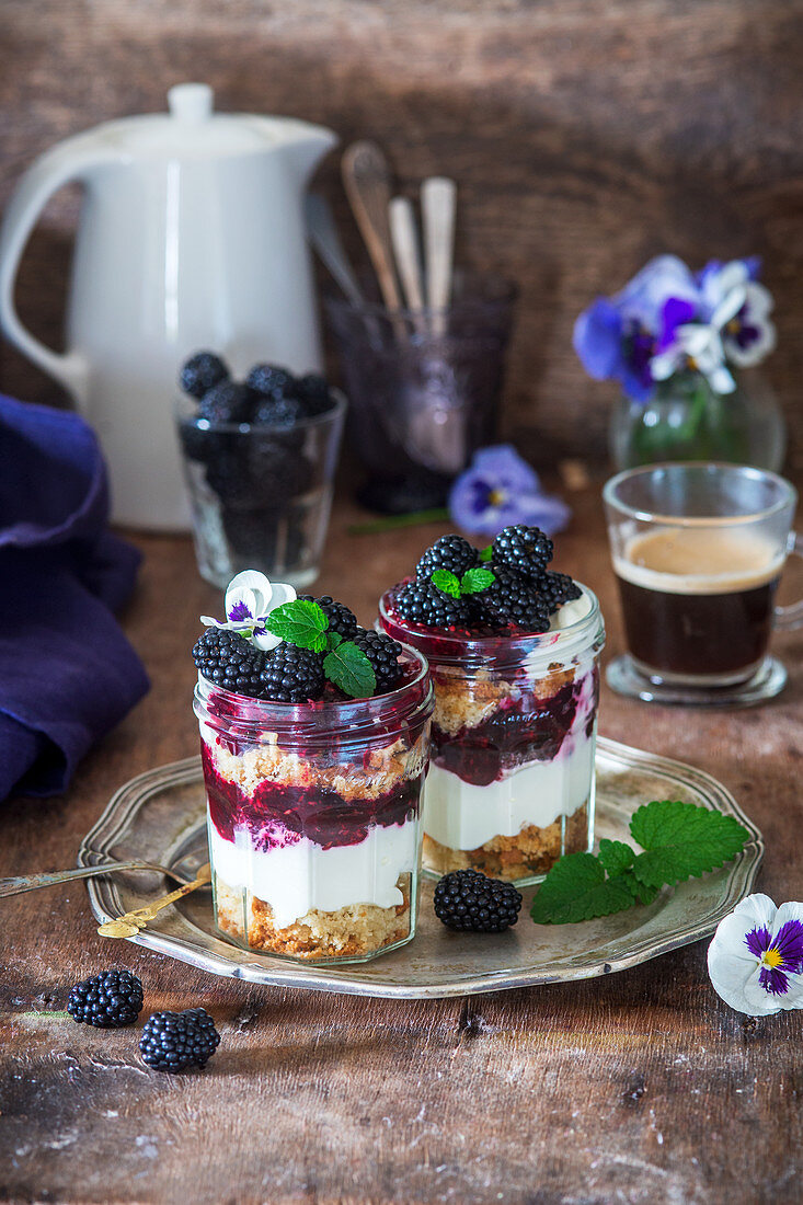 Blackberry trifle with peppermint and pansies