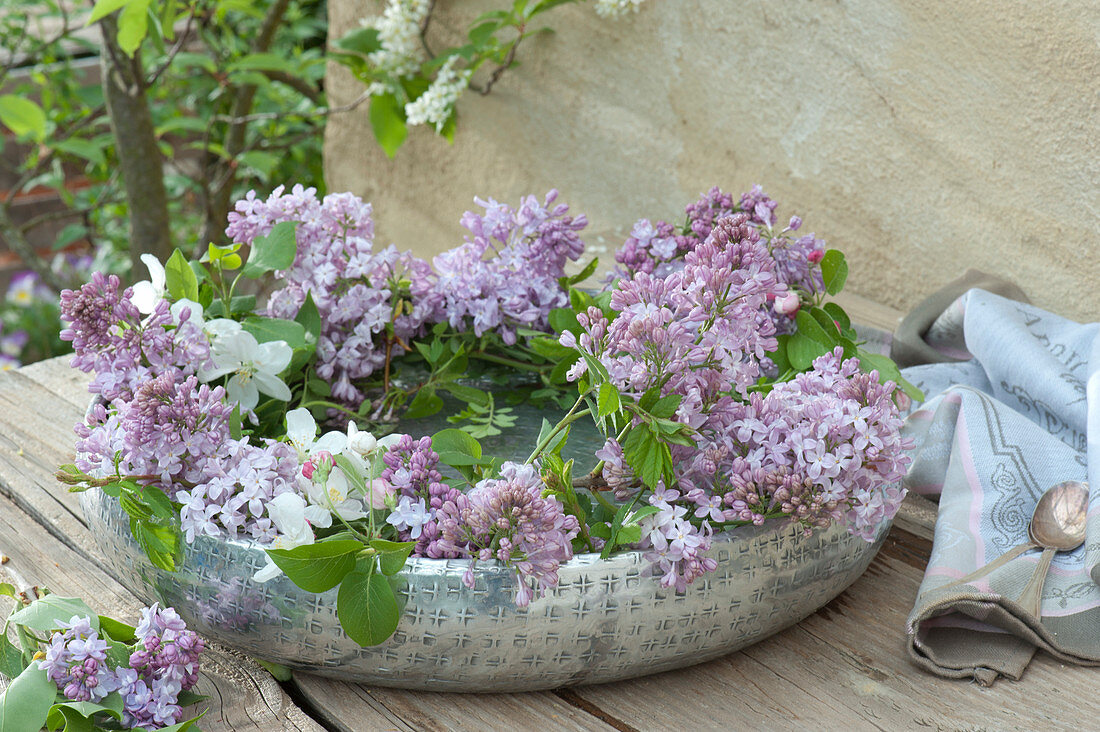 Lilac Wreath In Silver Bowl