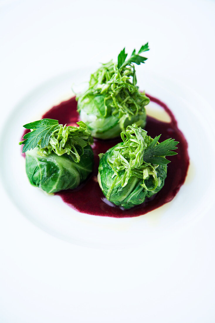 Two types on pointed cabbage on red cabbage broth (stuffed pointed cabbage balls with a pointed cabbage salad)