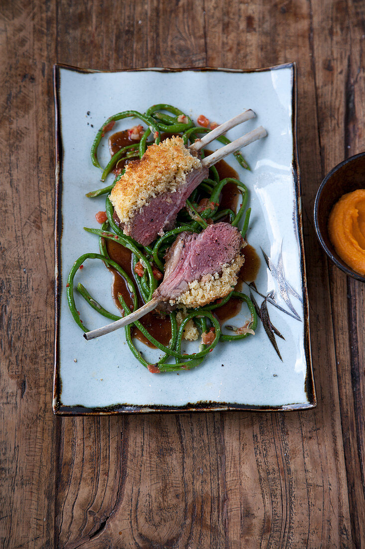 Lamb chops with a ginger crust, yard-long beans and mashed sweet potato