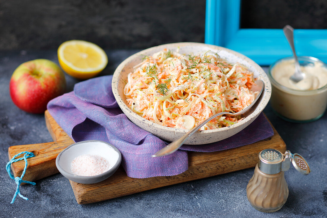 Leek and carrot salad with home made mayo and yogurt dressing