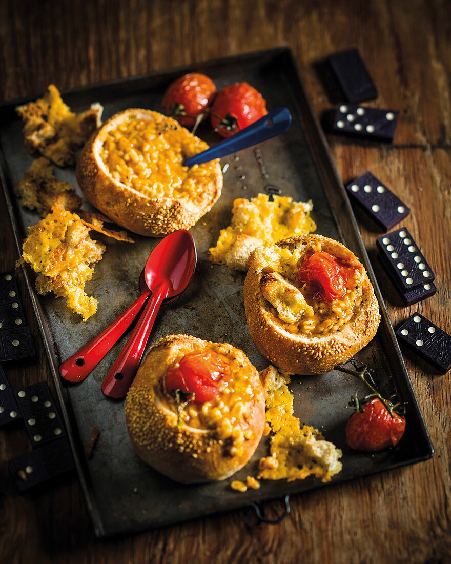 Tomato soup filled buns with alphabet pasta