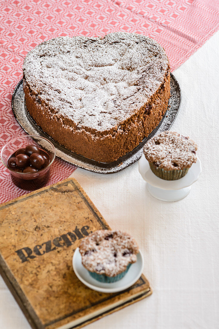 Dark cherry cake and muffins with breadcrumbs