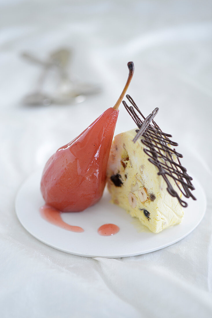 Nut parfait with a red wine infused pear