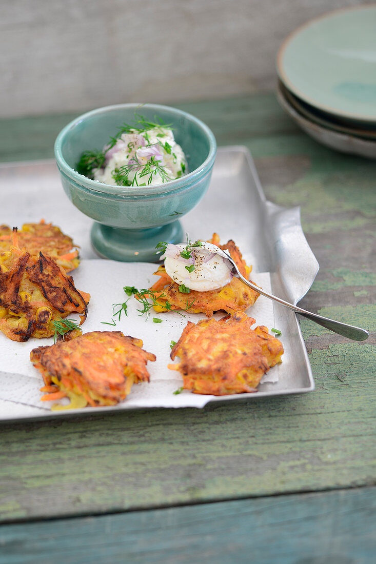Carrot fritters with herb quark