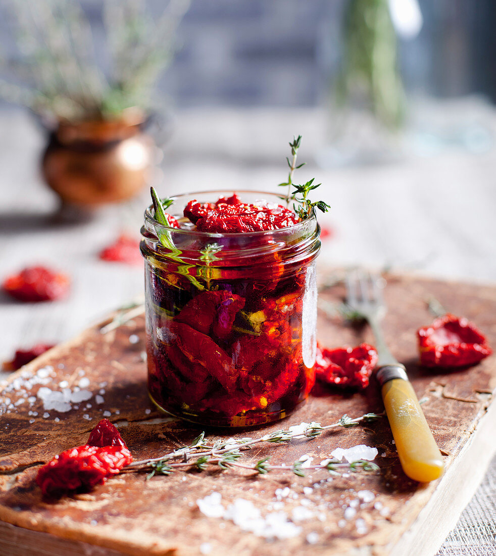 Sun dried tomatoes with herbs and sea salt in olive oil