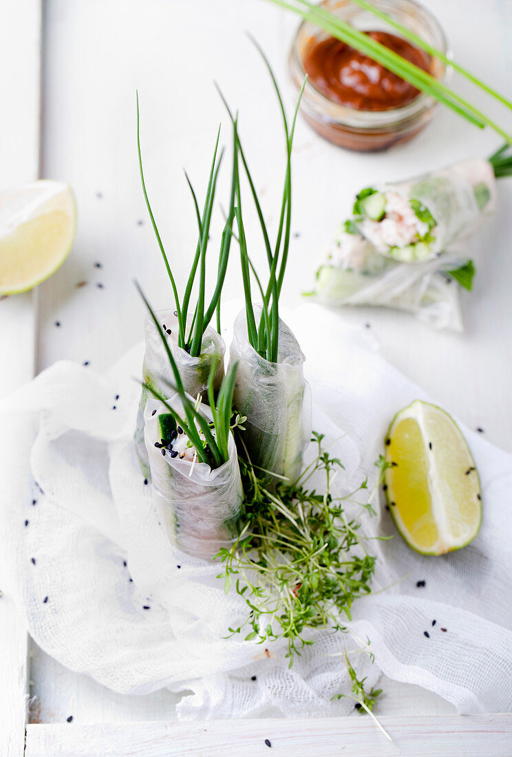 Fresh spring rolls with shripm, crab meat, cucumber and herbs