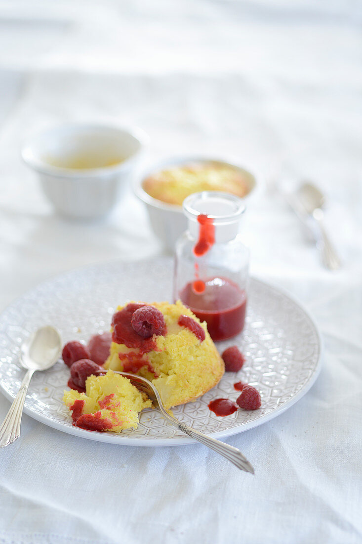 Coconut and apple cakes with raspberries and raspberry sauce