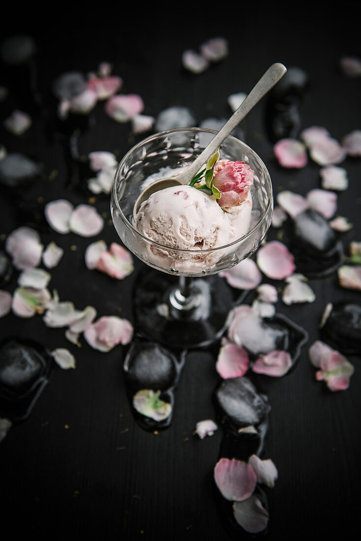 Rose petal ice cream in a dessert glass