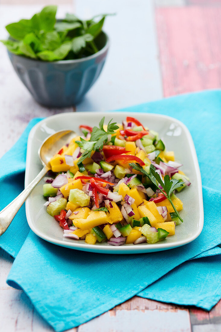 Mango-Gurken-Salat mit roten Zwiebeln