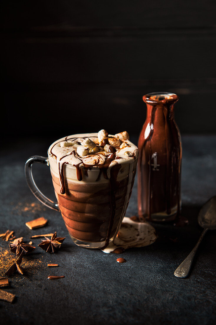 Spiced (cinnamon and star anise) hot chocolate with cream, marshmallows and chocolate sauce