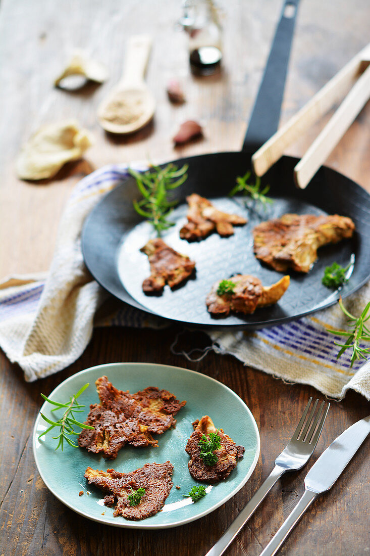 Fried oyster mushrooms in a mustard and almond coating (vegan and gluten-free)