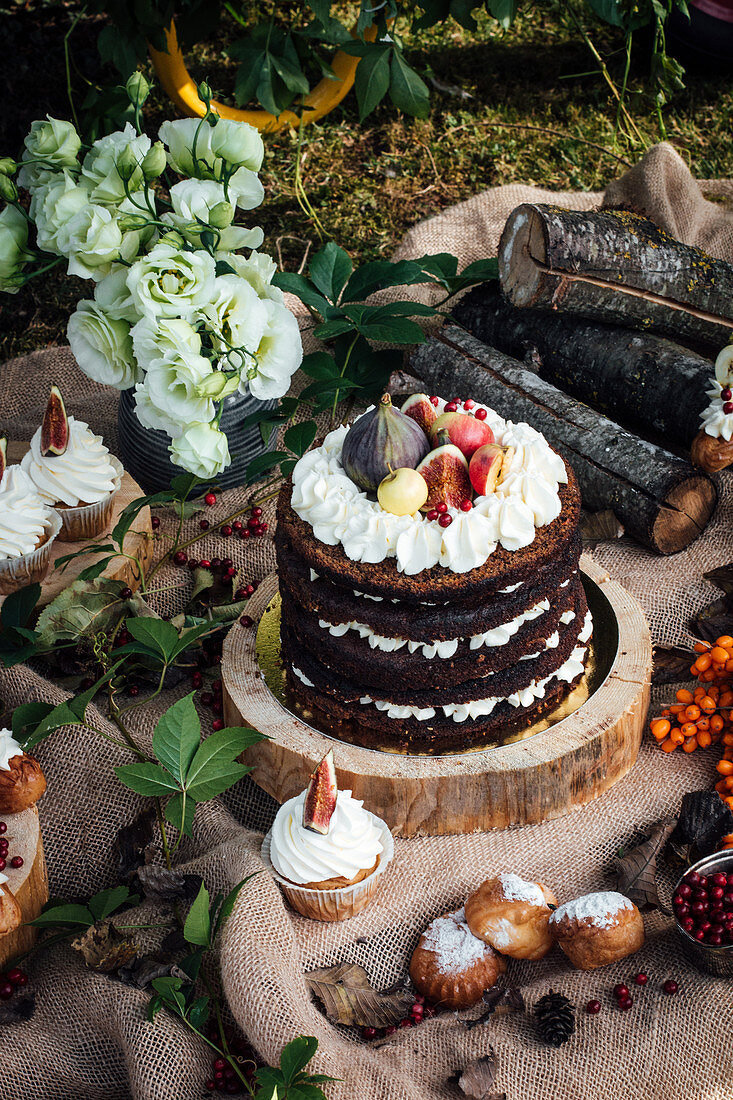 Autumn picnic with cupcakes and a cake