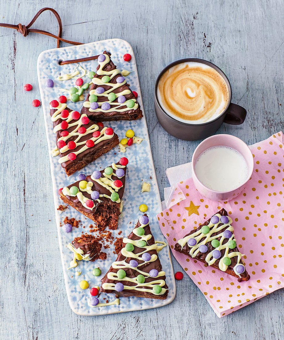 Colourful Christmas brownies shaped like Christmas trees