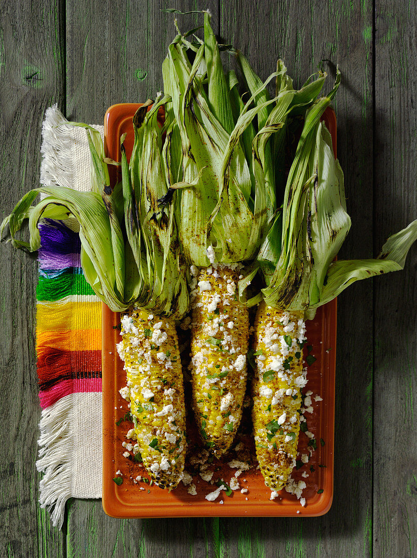 Elotes (grilled corn on the cob, Mexico)