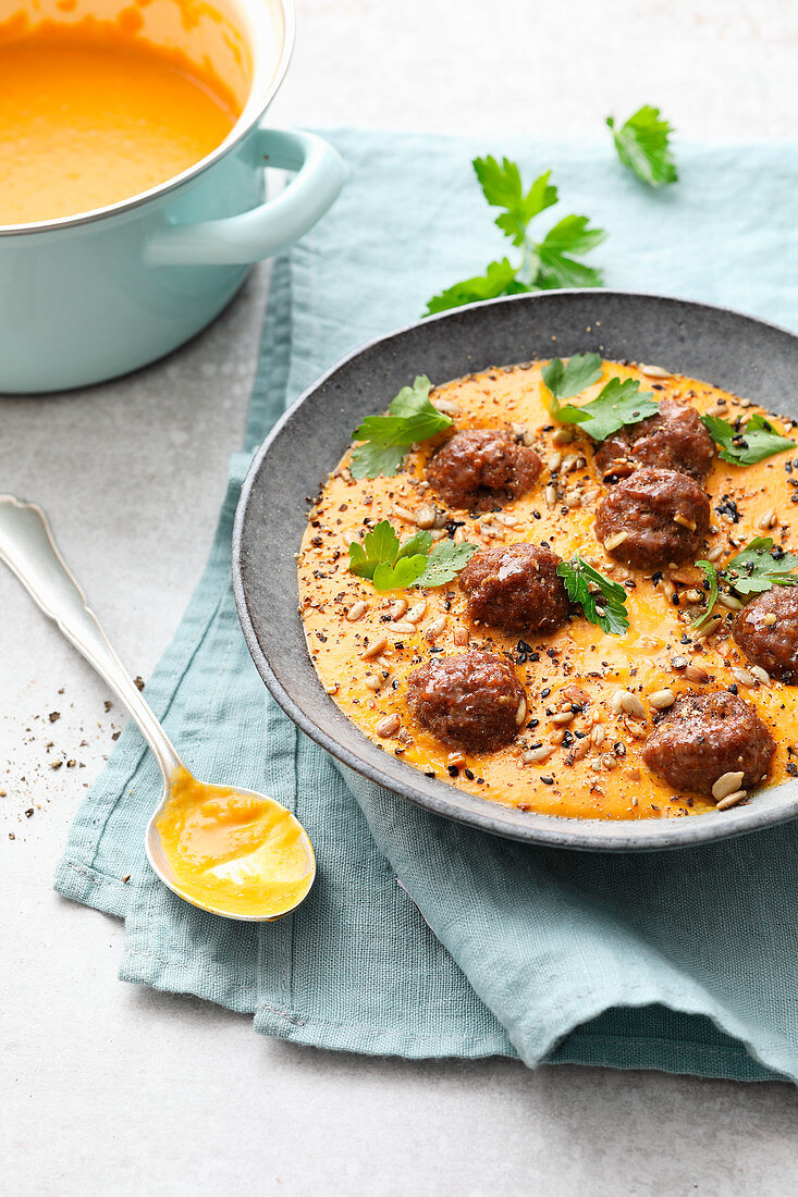 Red lentil soup with lamb meatballs