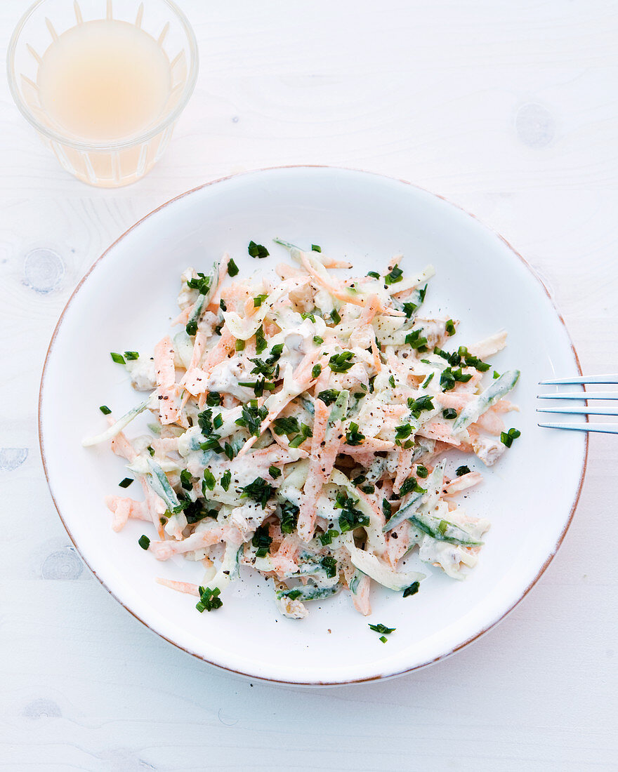 Carrot salad with cucumber and walnut cream cheese