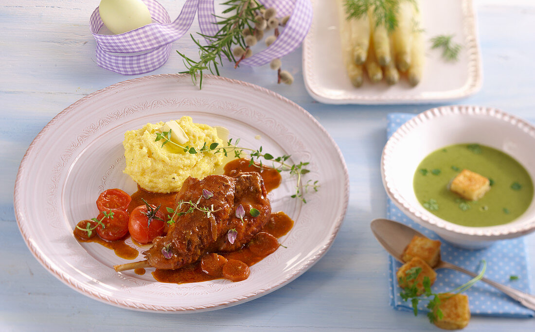 An Easter menu with chervil soup, rabbit legs with mashed potatoes and asparagus